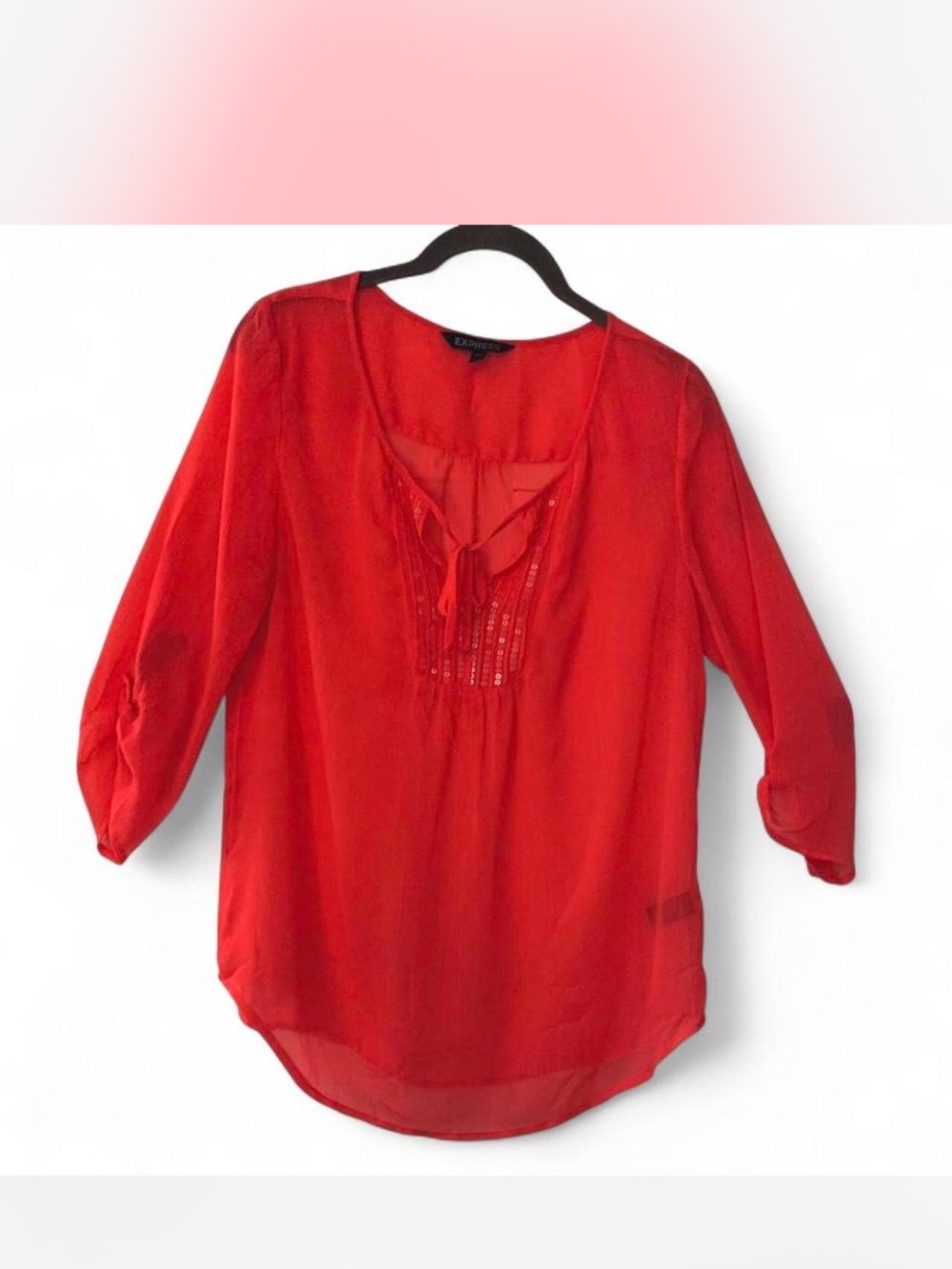Fairy Express bright coral Peasant Blouse with Tie & Bead detail size S